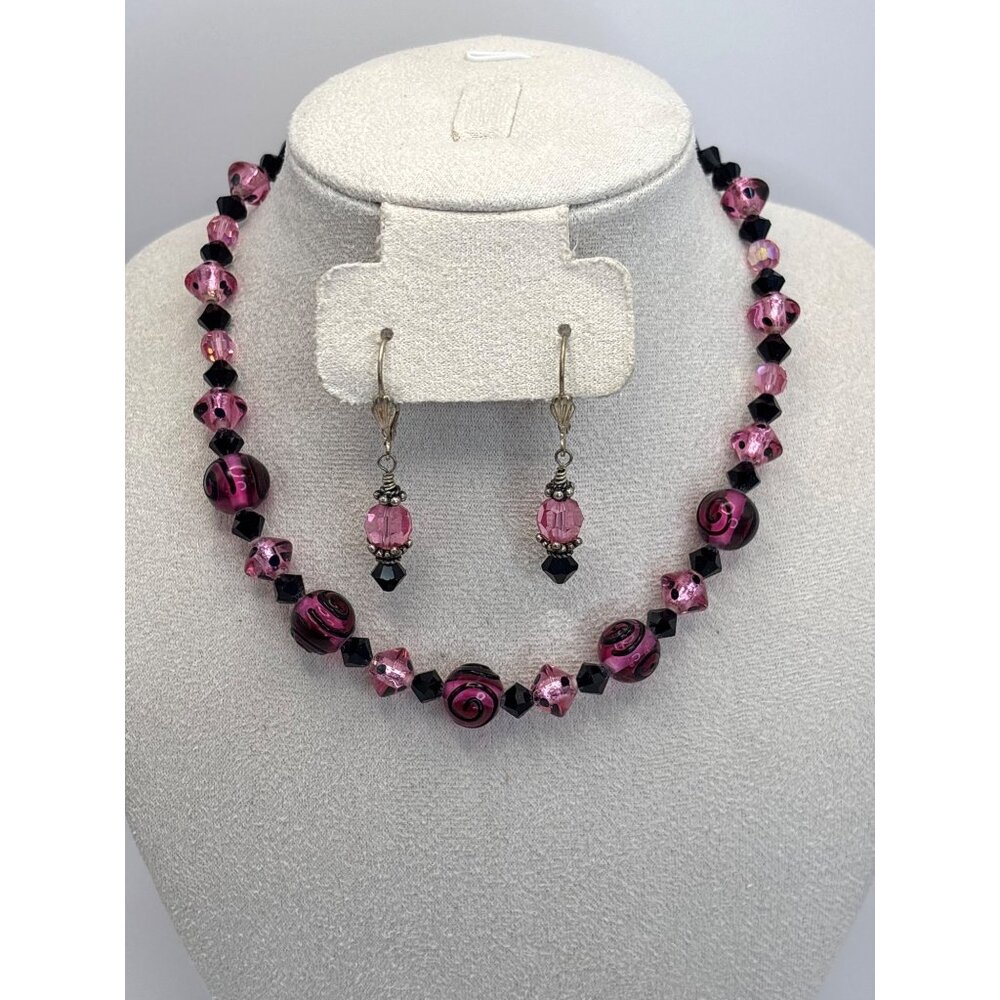 Pink Black Glass Wire Strung Beaded Toggle Choker Necklace Earrings 14” Length